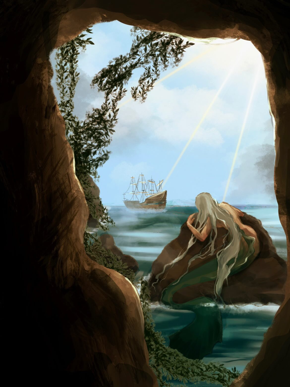 A mermaid watches a distant ship from a sunlit coastal cave.