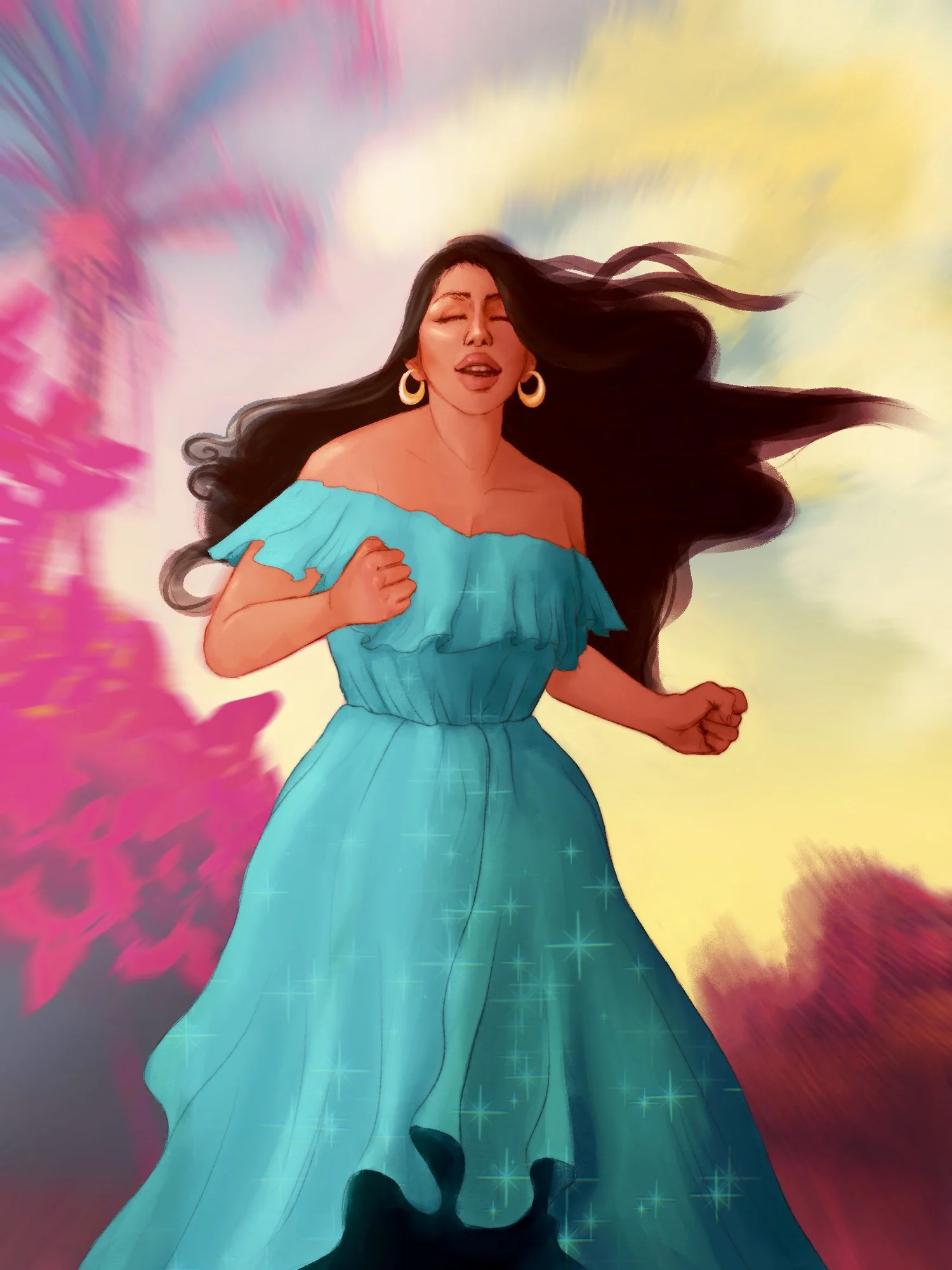 Woman in a turquoise ruffled dress with closed eyes, expressive hands, and windswept dark hair.